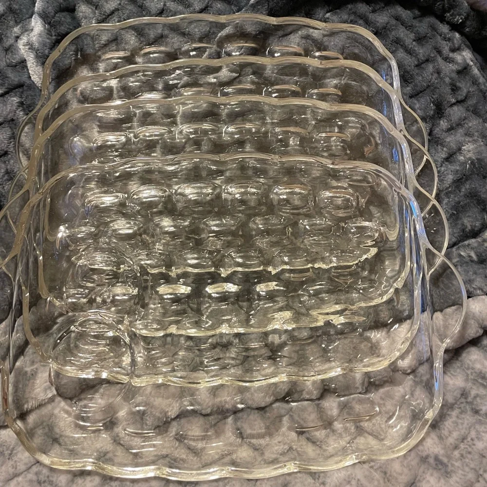 4 Piece Set Federal Glass Vintage 80s SNACK SERVING TRAYS CLEAR W BUBBLE DESIGN
